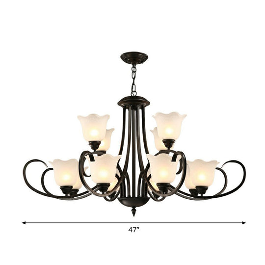 Retro Opal Frosted Glass Flower Chandelier In Black Finish: Elegant Hanging Light For Living Room