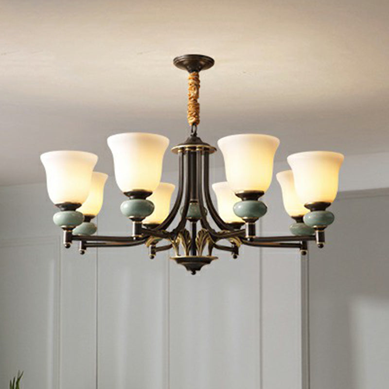 Vintage White Glass Chandelier - Elegant 6-Light Carillon Pendant Light With Ceramic Decor Ideal For