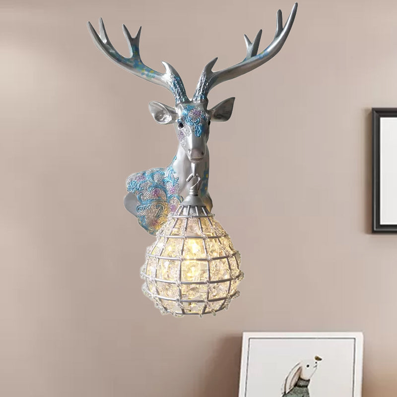 Crystal Globe Sconce Lamp With Deer Deco - Silver/White/Gold Right/Left