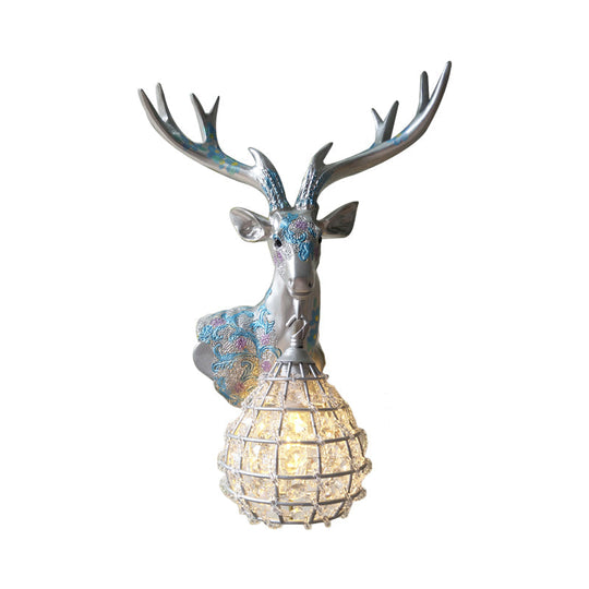 Crystal Globe Sconce Lamp With Deer Deco - Silver/White/Gold Right/Left