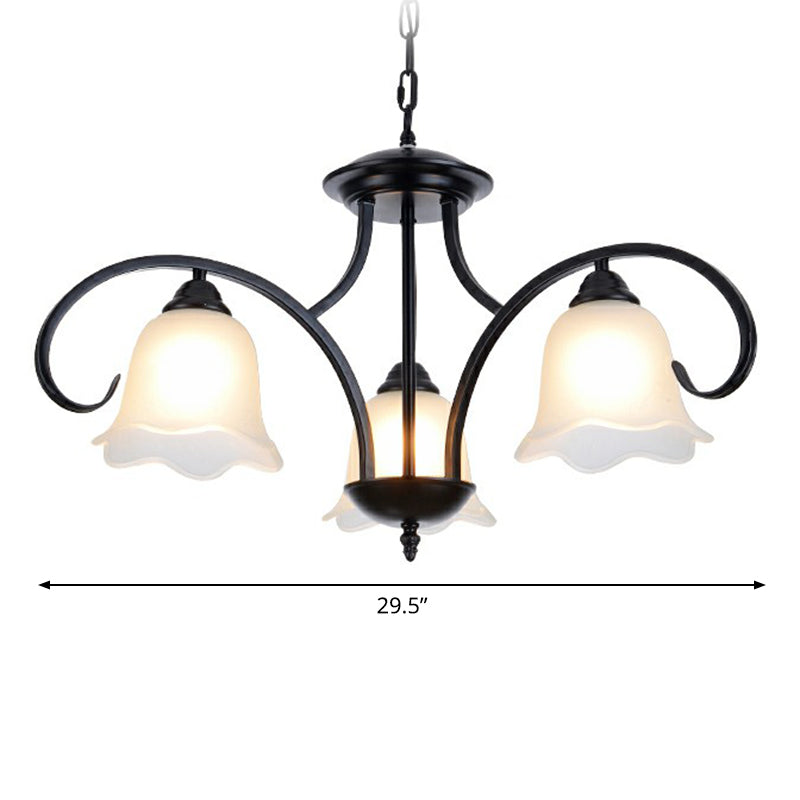 Frosted White Glass Floral Chandelier - Country Style Bedroom Ceiling Suspension Lamp (Black)