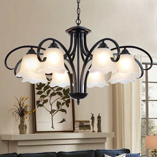 Frosted White Glass Floral Chandelier - Country Style Bedroom Ceiling Suspension Lamp (Black)