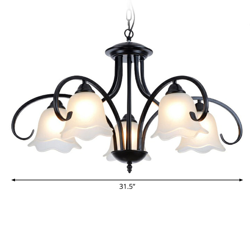 Frosted White Glass Floral Chandelier - Country Style Bedroom Ceiling Suspension Lamp (Black)