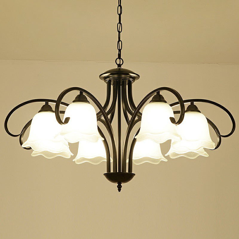 Frosted White Glass Floral Chandelier - Country Style Bedroom Ceiling Suspension Lamp (Black)