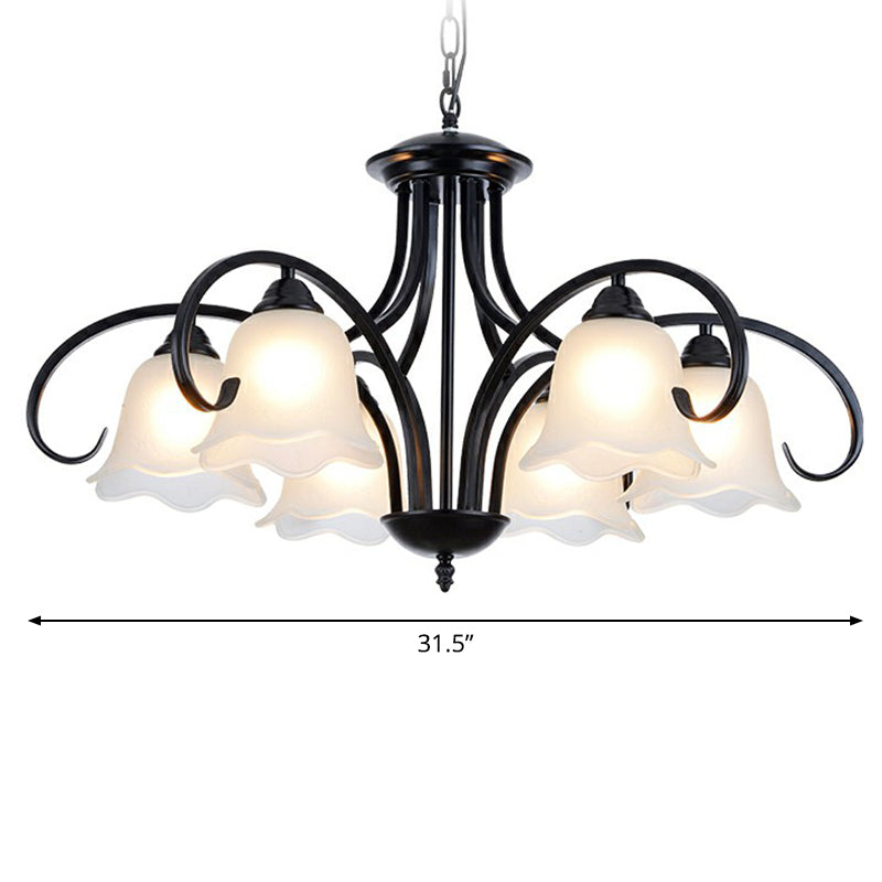 Frosted White Glass Floral Chandelier - Country Style Bedroom Ceiling Suspension Lamp (Black)