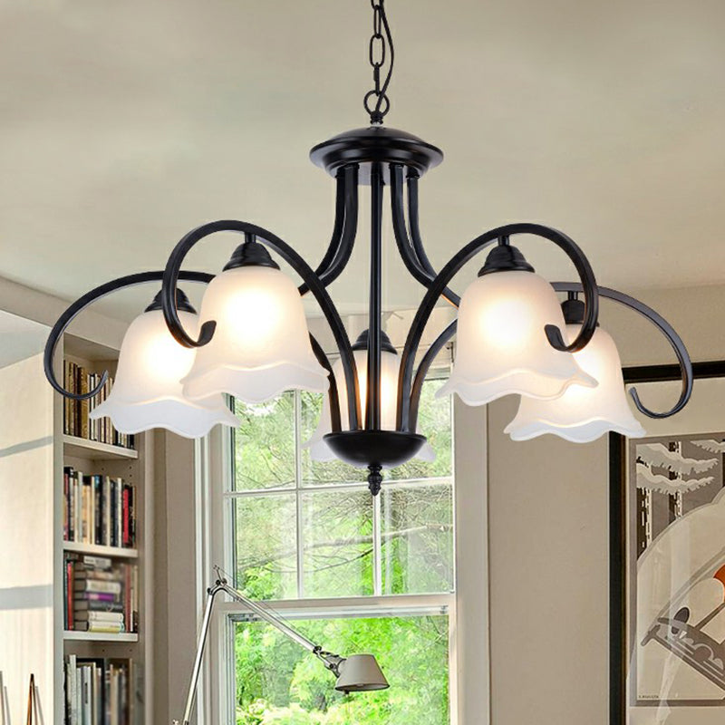 Frosted White Glass Floral Chandelier - Country Style Bedroom Ceiling Suspension Lamp (Black)