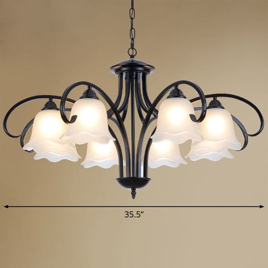 Frosted White Glass Floral Chandelier - Country Style Bedroom Ceiling Suspension Lamp (Black)