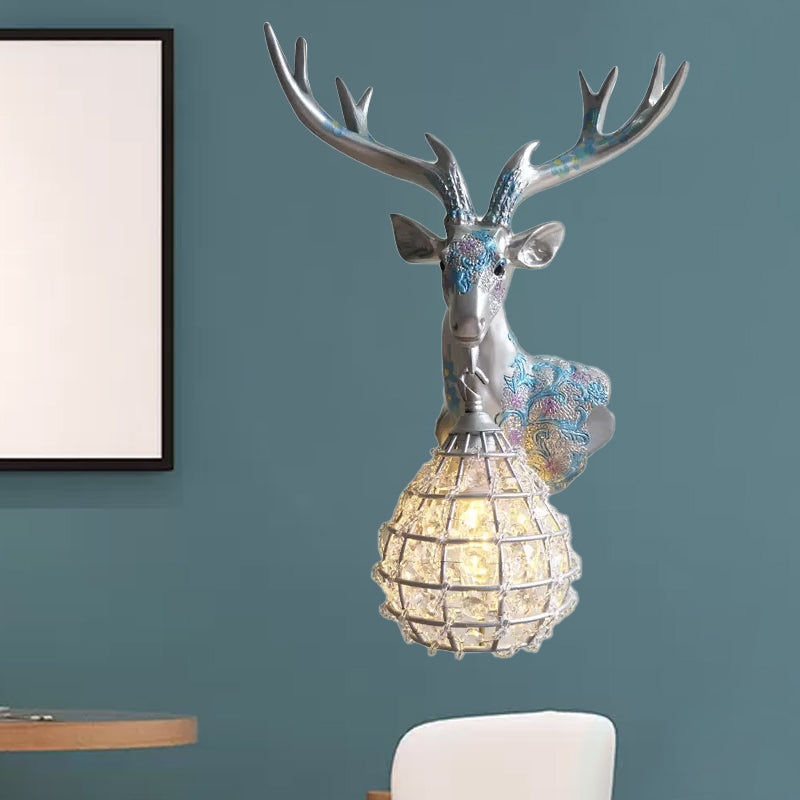 Crystal Globe Sconce Lamp With Deer Deco - Silver/White/Gold Right/Left