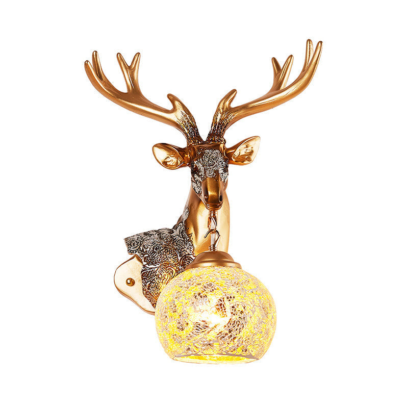 Deer Head Resin Sconce Light Fixture In Gold With Orb Glass Shade For Bedroom Right/Left Option