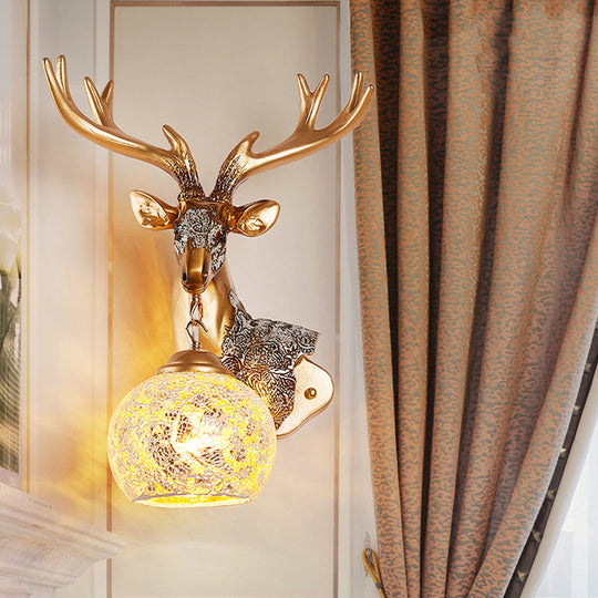 Deer Head Resin Sconce Light Fixture In Gold With Orb Glass Shade For Bedroom Right/Left Option /