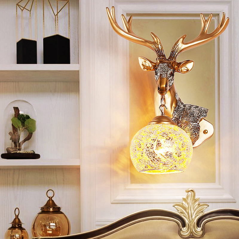 Deer Head Resin Sconce Light Fixture In Gold With Orb Glass Shade For Bedroom Right/Left Option