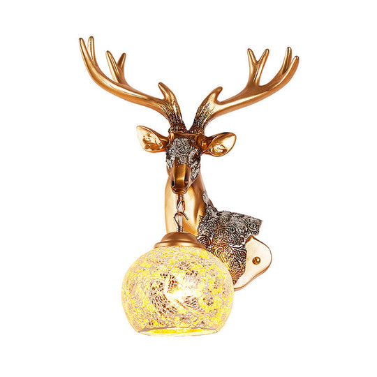 Deer Head Resin Sconce Light Fixture In Gold With Orb Glass Shade For Bedroom Right/Left Option