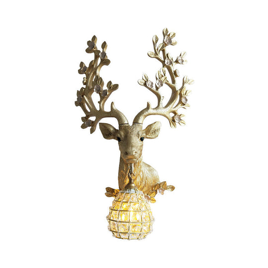 Country Gold Resin Sconce Light With Crystal Shade For Living Room