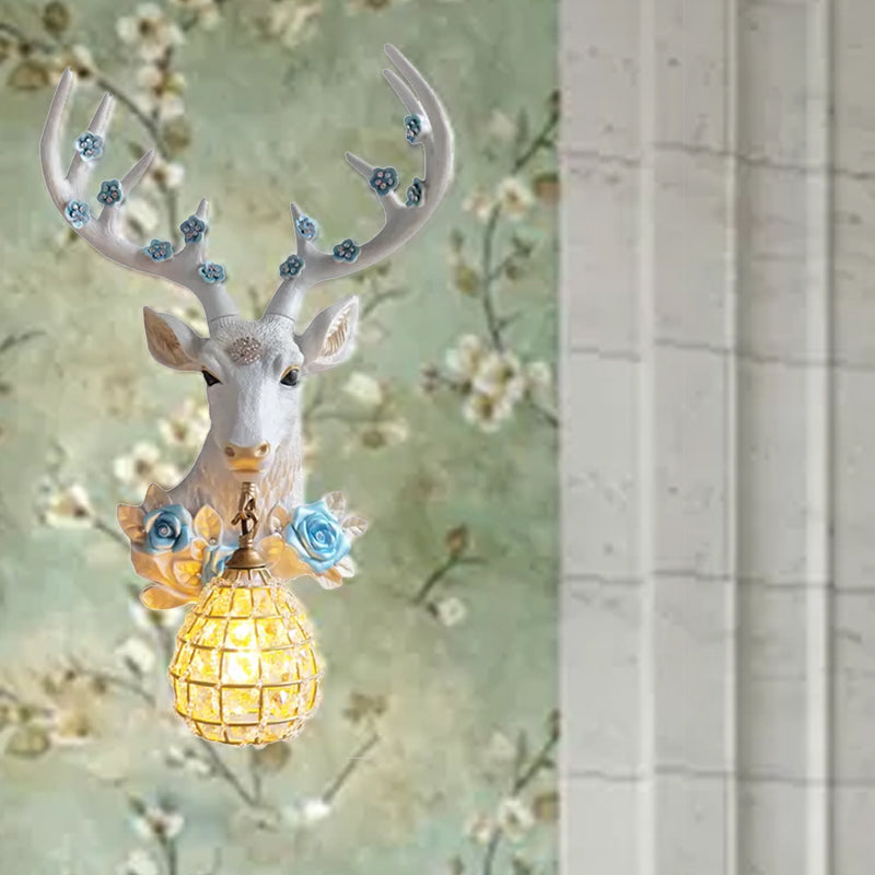 White Deer Head Sconce Light With Crystal Globe Shade - Traditional Indoor Wall Mount Lamp