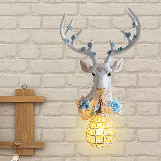 White Deer Head Sconce Light With Crystal Globe Shade - Traditional Indoor Wall Mount Lamp