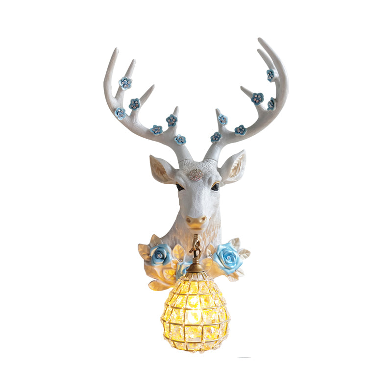 White Deer Head Sconce Light With Crystal Globe Shade - Traditional Indoor Wall Mount Lamp