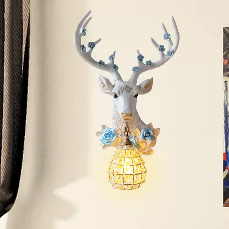 White Deer Head Sconce Light With Crystal Globe Shade - Traditional Indoor Wall Mount Lamp