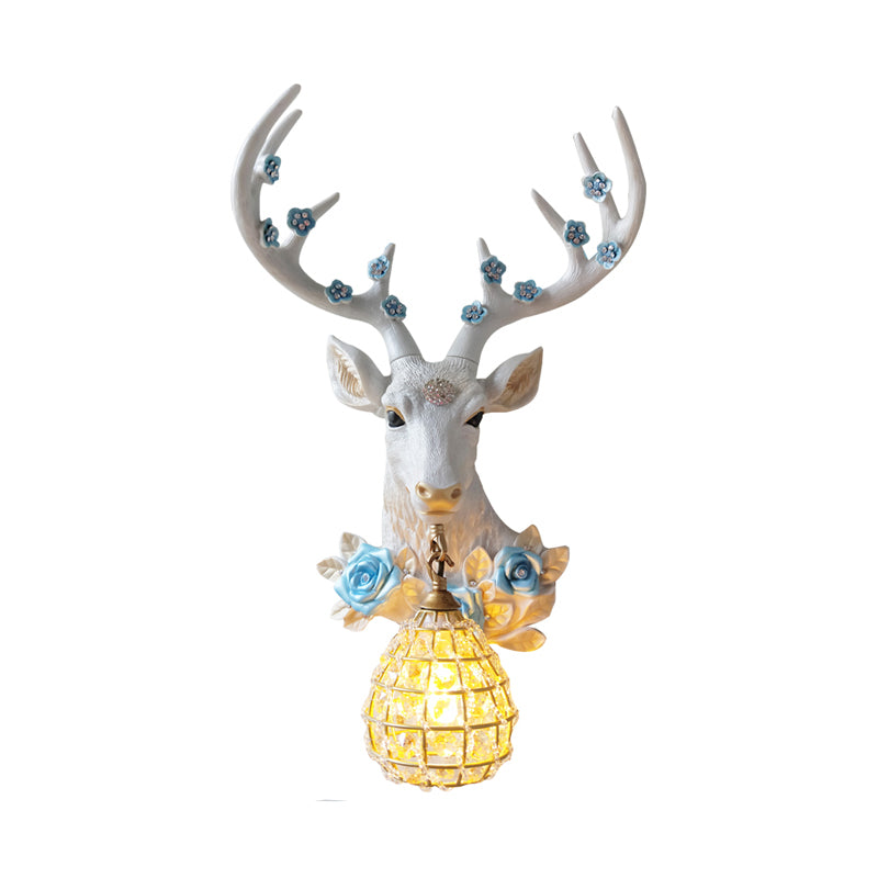 White Deer Head Sconce Light With Crystal Globe Shade - Traditional Indoor Wall Mount Lamp