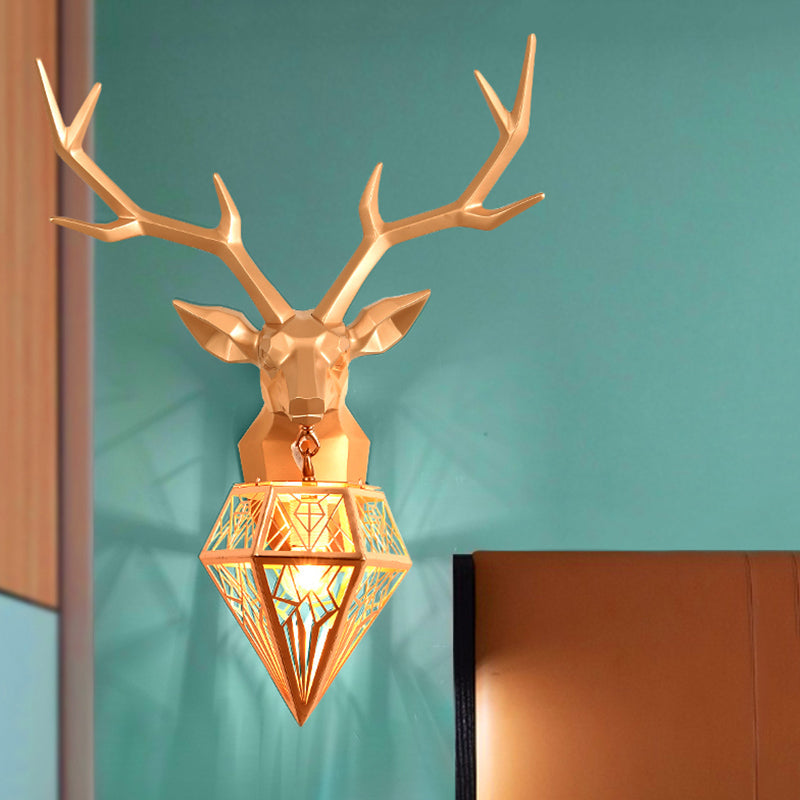 Deer Head 1-Light Resin Gold/Rose Gold Sconce: Stylish Country Wall Mounted Lighting With Diamond