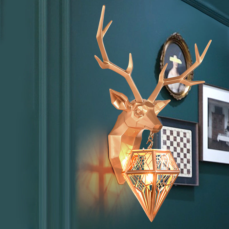 Deer Head 1-Light Resin Gold/Rose Gold Sconce: Stylish Country Wall Mounted Lighting With Diamond