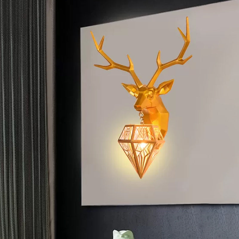 Deer Head 1-Light Resin Gold/Rose Gold Sconce: Stylish Country Wall Mounted Lighting With Diamond