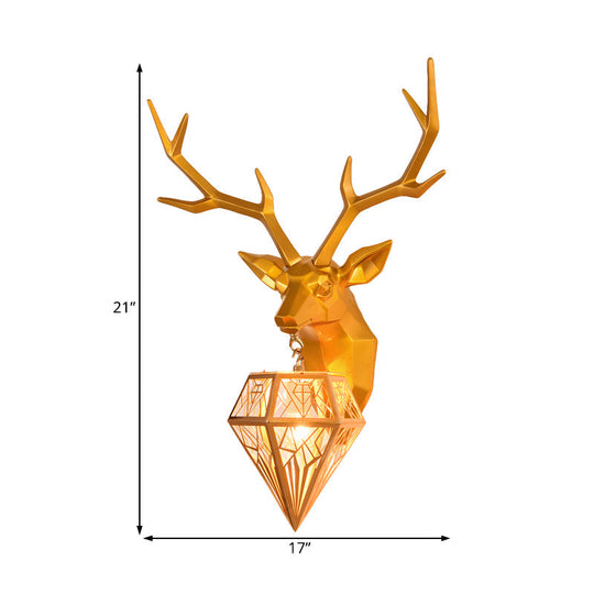 Deer Head 1-Light Resin Gold/Rose Gold Sconce: Stylish Country Wall Mounted Lighting With Diamond