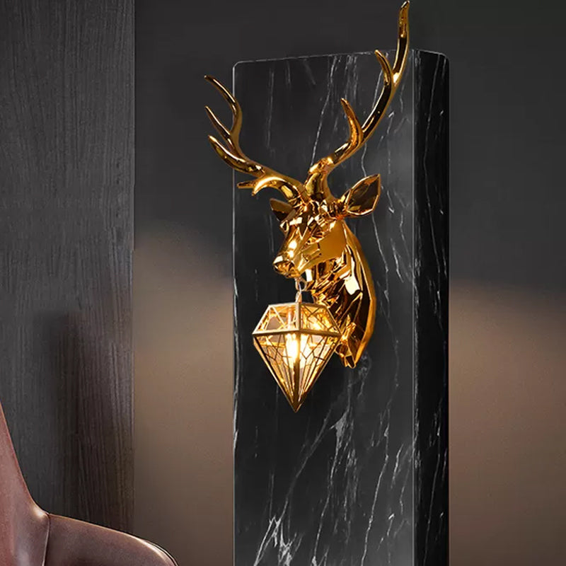 Rustic Silver/Gold Diamond Indoor Sconce Light With Deer Backplate - 1 Resin Wall Lamp Fixture