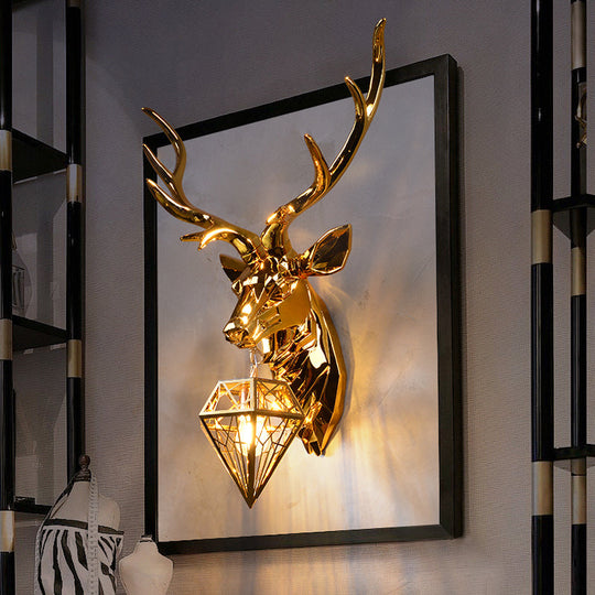 Rustic Silver/Gold Diamond Indoor Sconce Light With Deer Backplate - 1 Resin Wall Lamp Fixture