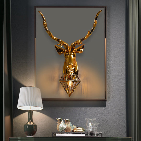 Rustic Silver/Gold Diamond Indoor Sconce Light With Deer Backplate - 1 Resin Wall Lamp Fixture