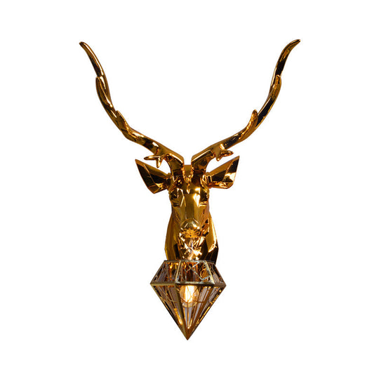 Rustic Silver/Gold Diamond Indoor Sconce Light With Deer Backplate - 1 Resin Wall Lamp Fixture