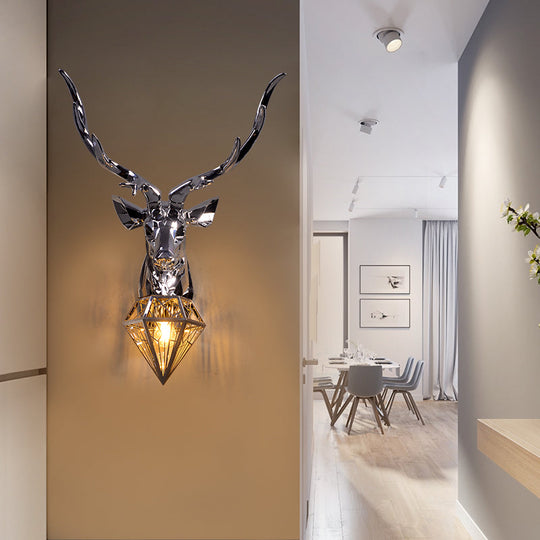 Rustic Silver/Gold Diamond Indoor Sconce Light With Deer Backplate - 1 Resin Wall Lamp Fixture