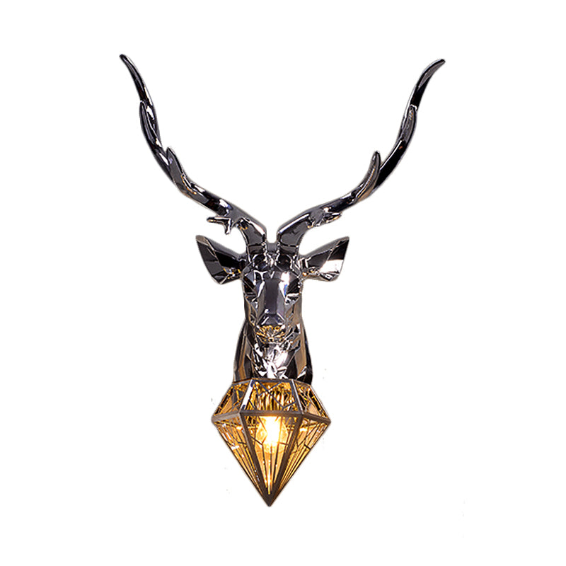 Rustic Silver/Gold Diamond Indoor Sconce Light With Deer Backplate - 1 Resin Wall Lamp Fixture