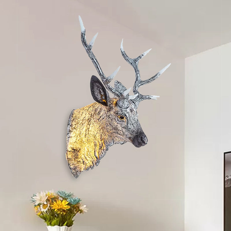 Traditional Deer Head Wall Light In Resin Grey/Silver/Bronze With 1 Sconce Grey