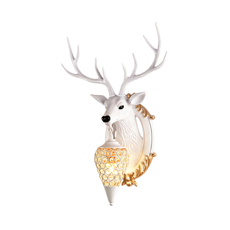 Vintage Resin Deer Wall Sconce With Crystal Shade - Silver/White/Wood 1-Light Living Room Lamp