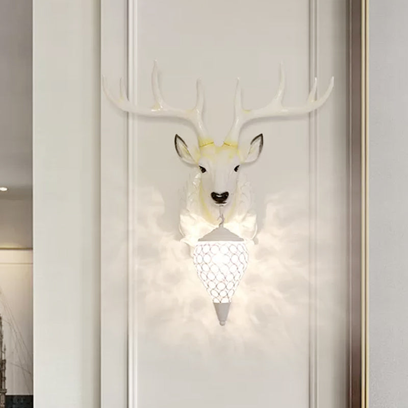 White Deer Wall Sconce Light Fixture With Crystal Teardrop Shade - 1 Bulb Resin Country Lighting