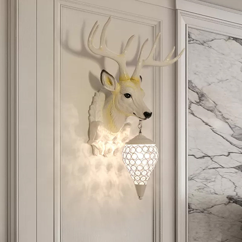 White Deer Wall Sconce Light Fixture With Crystal Teardrop Shade - 1 Bulb Resin Country Lighting