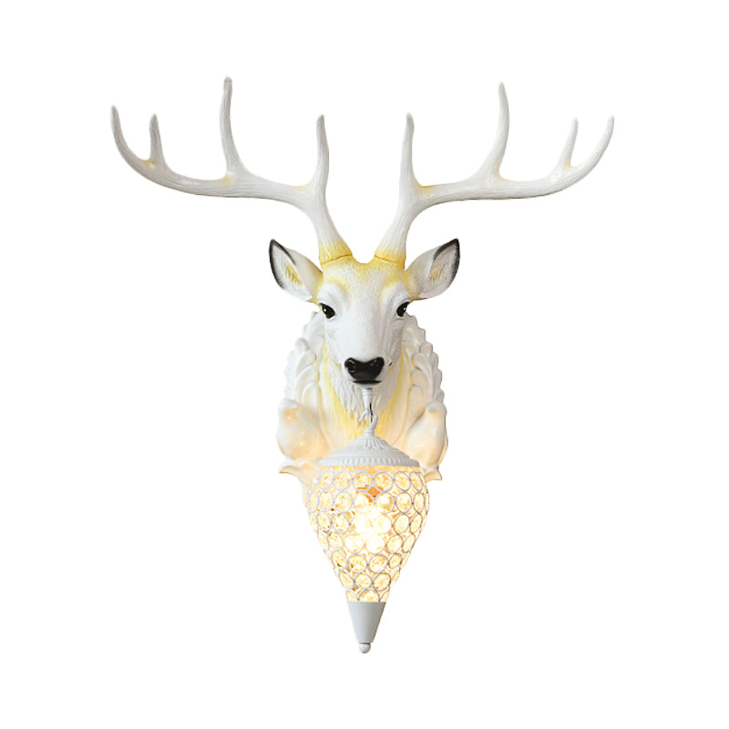 White Deer Wall Sconce Light Fixture With Crystal Teardrop Shade - 1 Bulb Resin Country Lighting