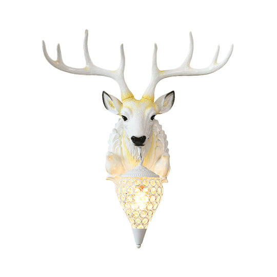 White Deer Wall Sconce Light Fixture With Crystal Teardrop Shade - 1 Bulb Resin Country Lighting