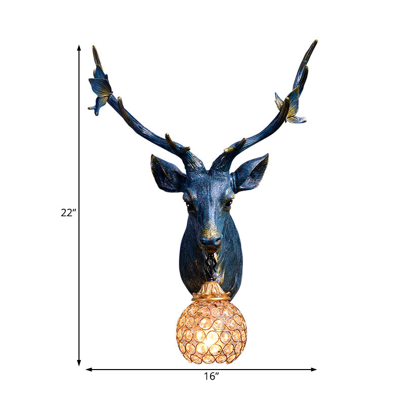 Vintage Deer Head Resin Sconce: Single Bulb Wall Mounted Lamp Blue/White/Wood Globe Crystal Shade