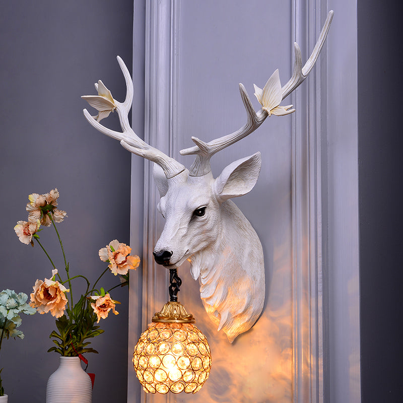 Vintage Deer Head Resin Sconce: Single Bulb Wall Mounted Lamp Blue/White/Wood Globe Crystal Shade