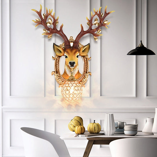 20/24 W Resin Wall Lamp: Classical Style Deer Head-Shaped Sconce Light With Crystal Globe Shade