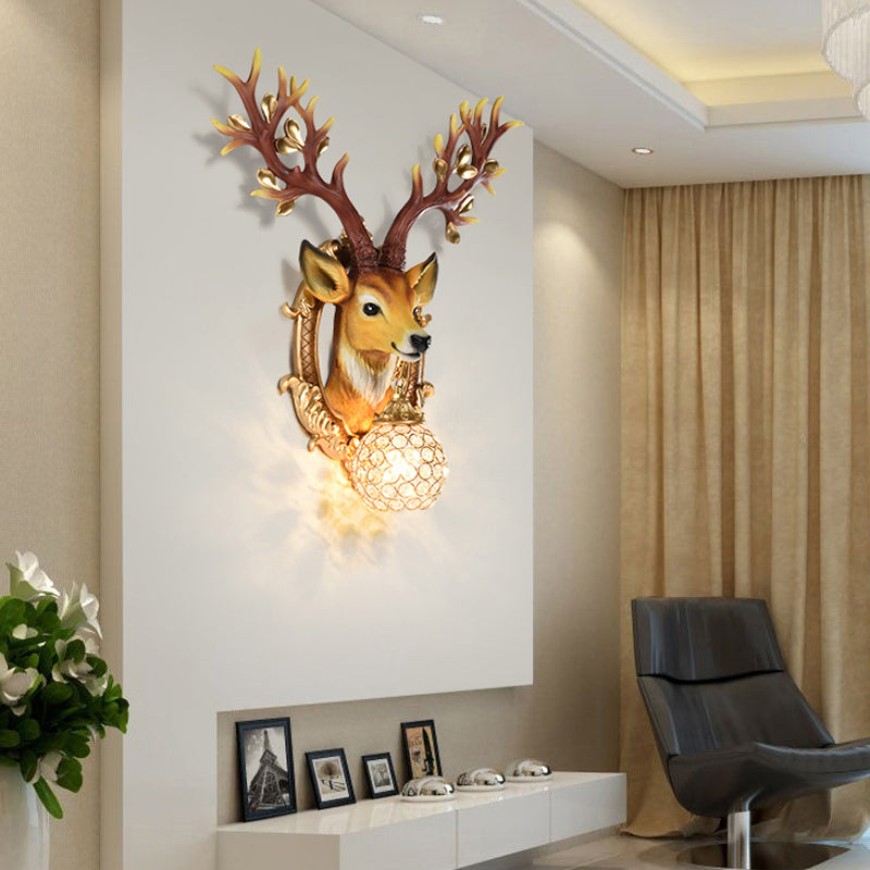 20/24 W Resin Wall Lamp: Classical Style Deer Head-Shaped Sconce Light With Crystal Globe Shade