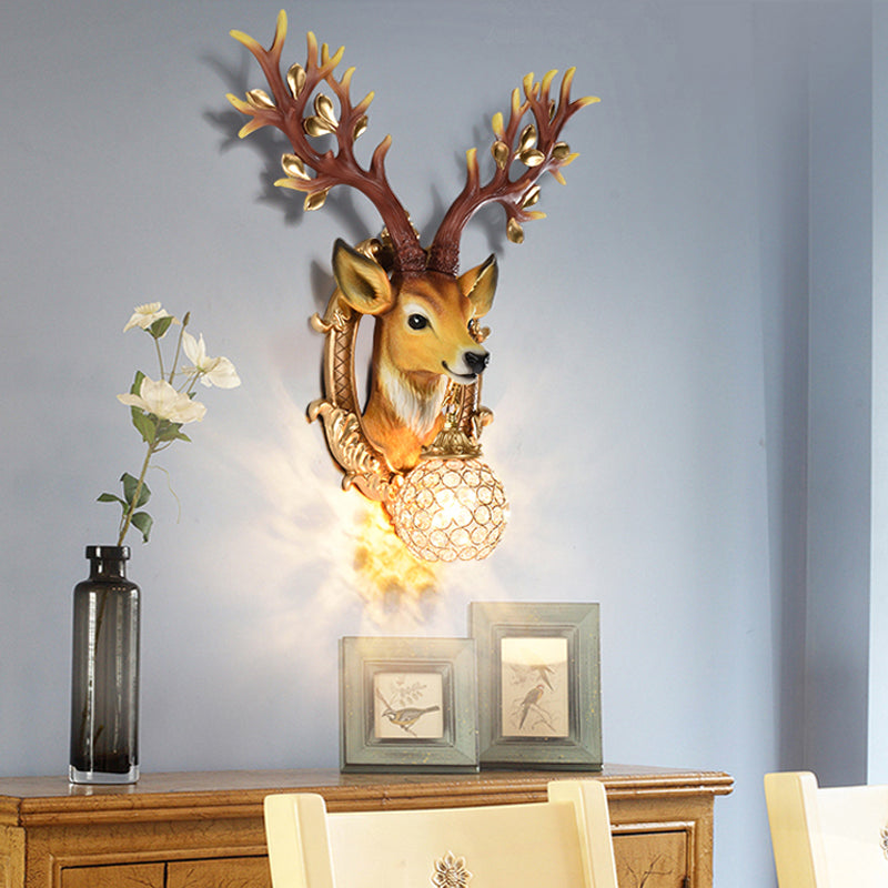 20/24 W Resin Wall Lamp: Classical Style Deer Head-Shaped Sconce Light With Crystal Globe Shade