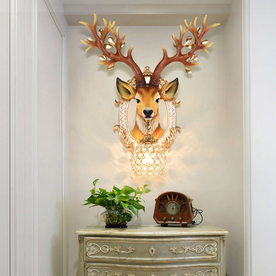 20/24 W Resin Wall Lamp: Classical Style Deer Head-Shaped Sconce Light With Crystal Globe Shade