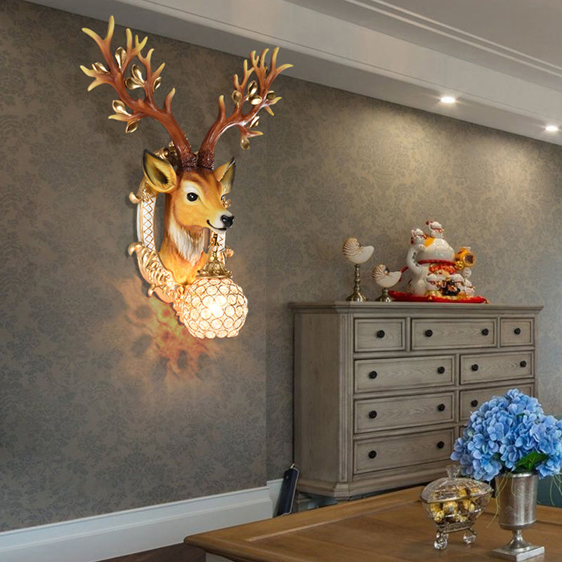 20/24 W Resin Wall Lamp: Classical Style Deer Head-Shaped Sconce Light With Crystal Globe Shade