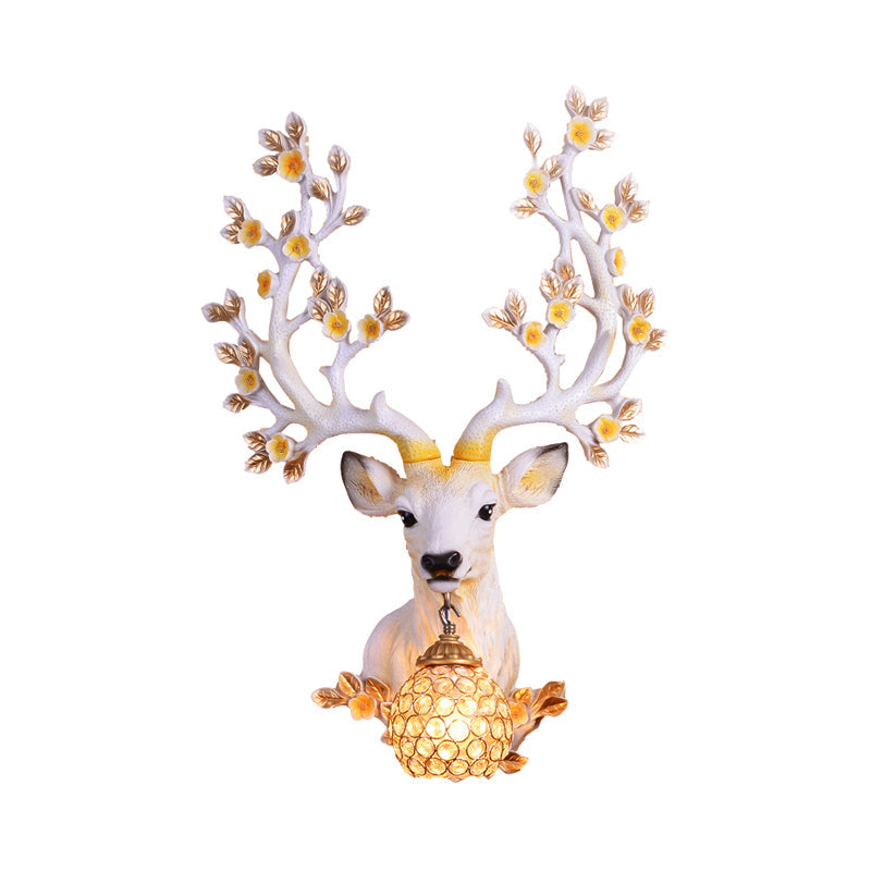 Classic Crystal Globe Wall Light Fixture With Deer Resin Backplate - White/Tan Sconce Lamp