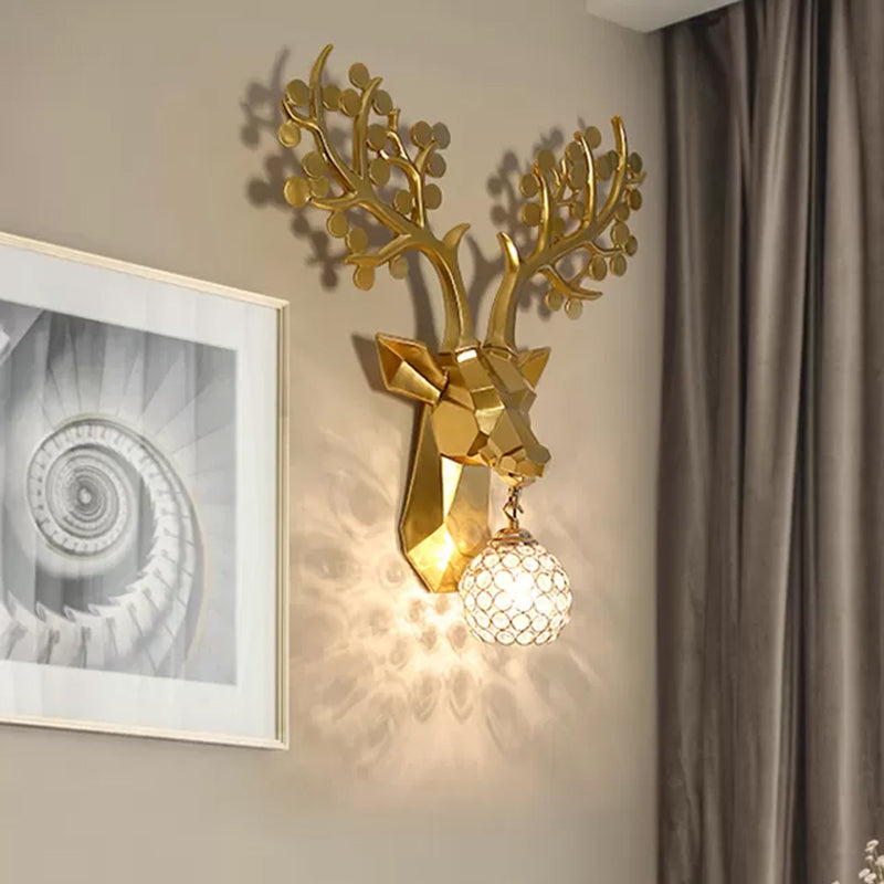 Country Crystal Orb Wall Lamp: Elegant Bedroom Sconce With Elk Resin Backplate - 1 Light White/Gold