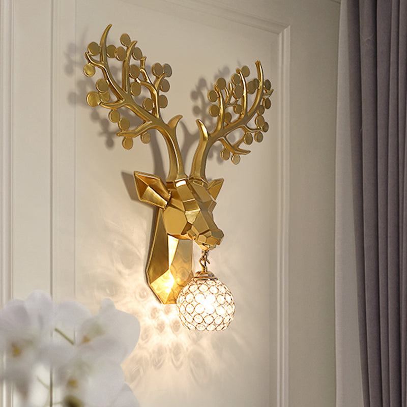 Country Crystal Orb Wall Lamp: Elegant Bedroom Sconce With Elk Resin Backplate - 1 Light White/Gold