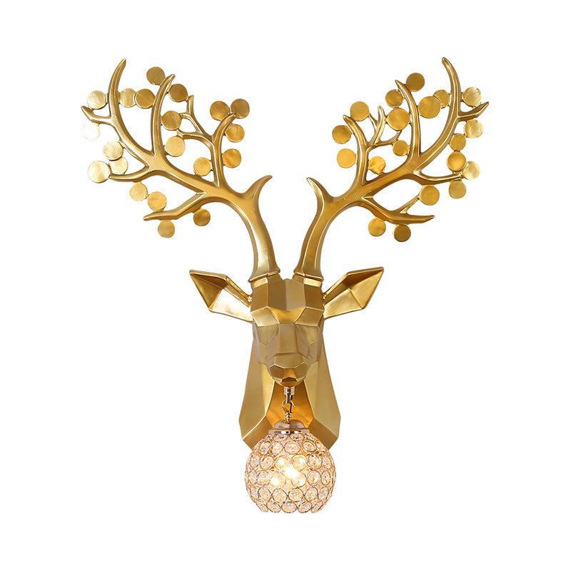 Country Crystal Orb Wall Lamp: Elegant Bedroom Sconce With Elk Resin Backplate - 1 Light White/Gold