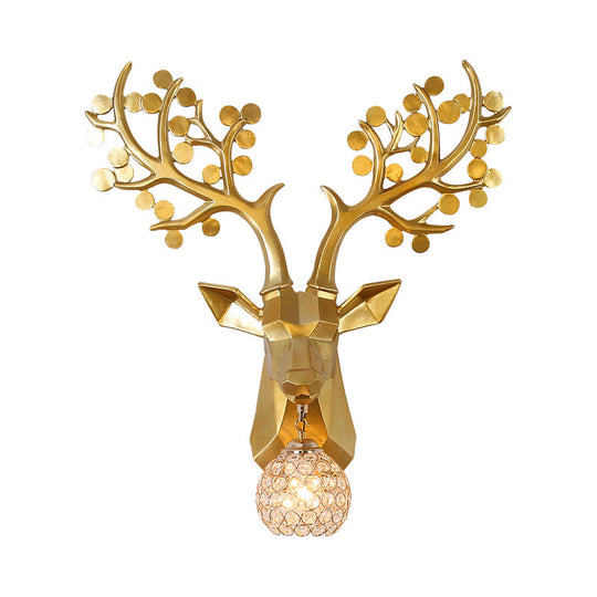 Country Crystal Orb Wall Lamp: Elegant Bedroom Sconce With Elk Resin Backplate - 1 Light White/Gold